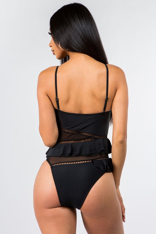 GENTEEL BLACK RUFFLE ONE PIECE